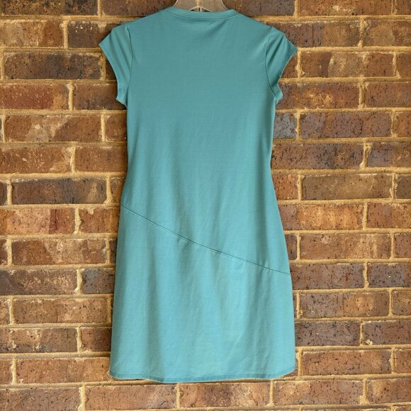 Athleta Wrap Midi Dress Womens Small Petite Blue Green Stretch Ruched Pullover - Picture 2 of 5